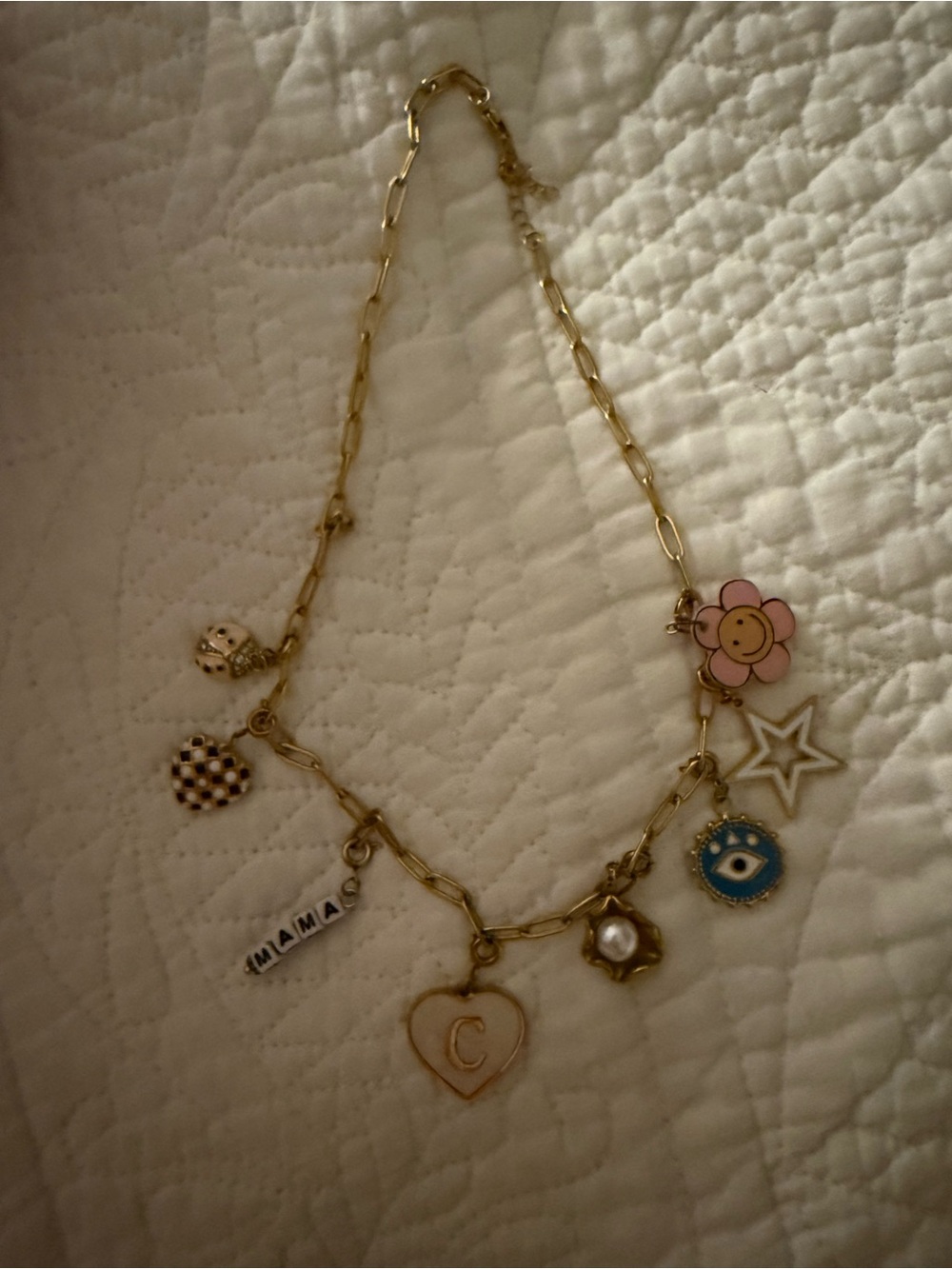 Gold Charm Necklace with Pink Flower and Blue Evil Eye Interchangeable Charms
